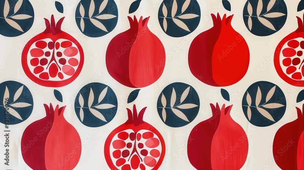 Poster modern pomegranate pattern with geometric shapes and abstract representations of pomegranates