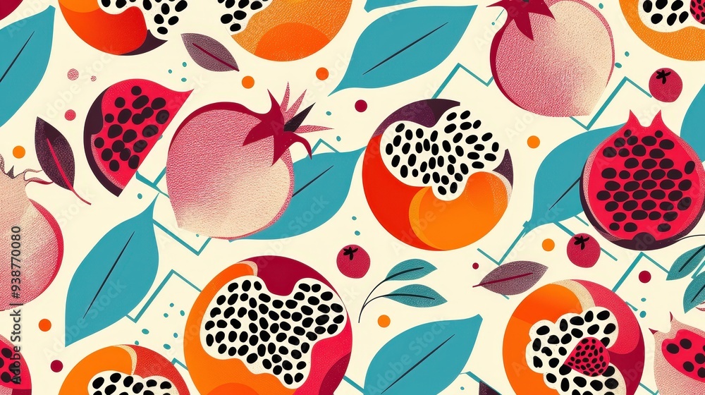 Poster modern pomegranate pattern with geometric shapes and abstract representations of pomegranates