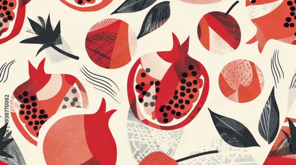 Poster modern pomegranate pattern with geometric shapes and abstract representations of pomegranates