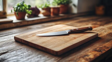 A close-up of a clean cutting board and knife, symbolizing food preparation hygiene.