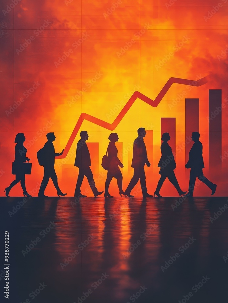 Wall mural A silhouette of business people walking forward against a fiery orange background, symbolizing growth, progress, teamwork, ambition, and a positive future.