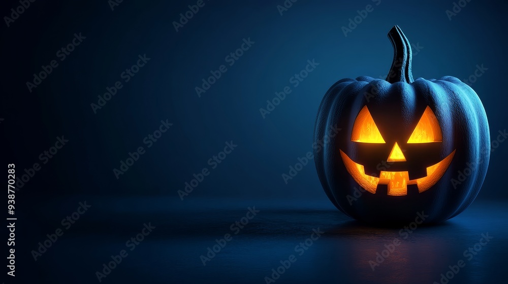 Canvas Prints A single, illuminated Jack-o'-Lantern sits in a spotlight against a dark blue background. The pumpkin's carved face glows brightly, symbolizing Halloween, festive celebration, autumn, spooky fun, and 