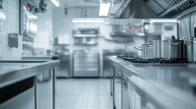 A close-up of a clean, sanitized commercial kitchen with food safety certification.