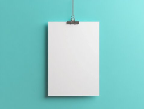 Mockup of white poster on a clip, pastel wall background