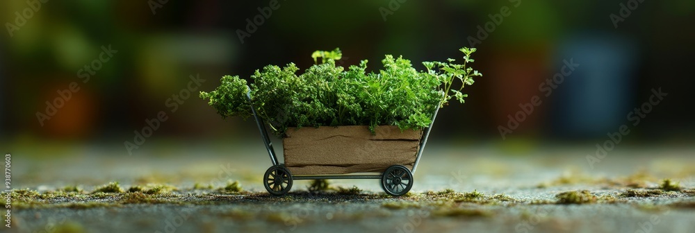 Wall mural A small green plant is nestled in a tiny wooden cart with wheels, symbolizing growth, transport, sustainability, nature, and miniature.