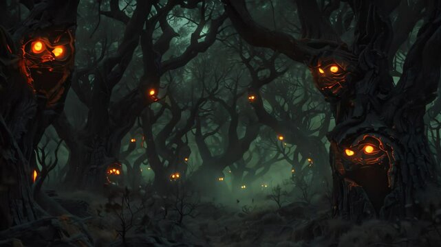 A path winds through a spooky forest at night, where trees have glowing eyes and twisted branches, A eerie forest with twisted trees and glowing eyes peering out