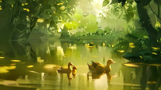 A mother duck and two ducklings swim peacefully in a pond, surrounded by lush green foliage, A family of ducks swimming in a pond