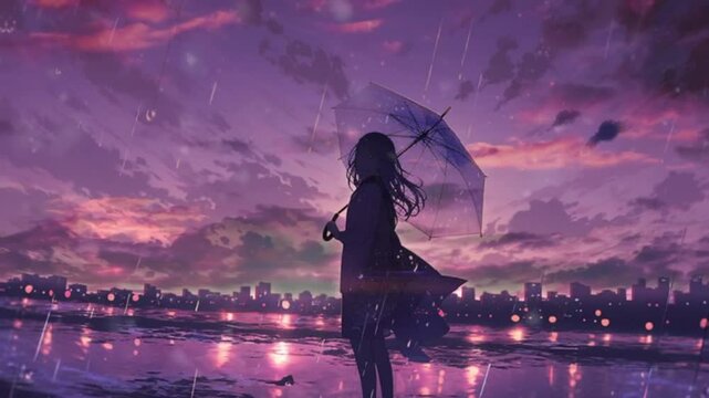 Loop animation video, Cute Lofi girl Sad moody Summer Urban day night light Cafe, 2D Japanese Lo-fi Anime style 4K Seamless loop hip-hop chill vibes Relaxing music lofi bites animation, looping 4k 