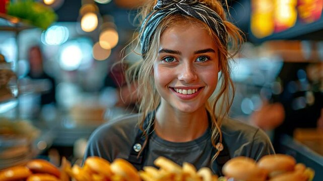 A waitress taking orders at a fast-food restaurant,