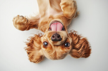 Naklejka premium Photo of a happy English cocker spaniel puppy hanging upside down on a white wall, concept of motion, action, and movement