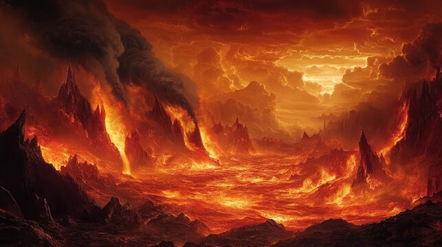 A fiery landscape with roaring flames, molten lava, and ominous black smoke, depicting a vivid scene of hell.