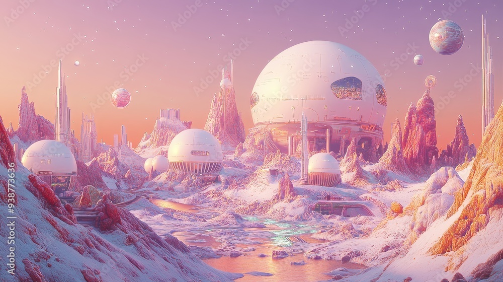 Canvas Prints A whimsical and futuristic space colony nestled amidst pastel-hued mountains and shimmering ice. The domed structures represent hope, innovation, and the potential for human ingenuity to thrive in new