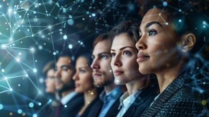 A group of diverse professionals engaged in analyzing data, technology, and innovation