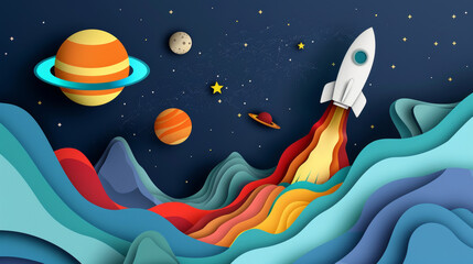 A Colorful and Exciting Space Adventure Featuring a Rocket and Many Planets in Orbit