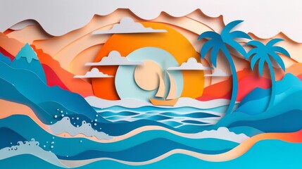 A vibrant and colorful paper art landscape showcasing a sailboat amidst a stunning sunset
