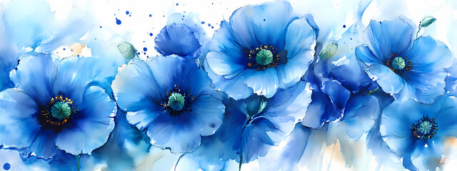 Abstract Watercolor Blue Poppies