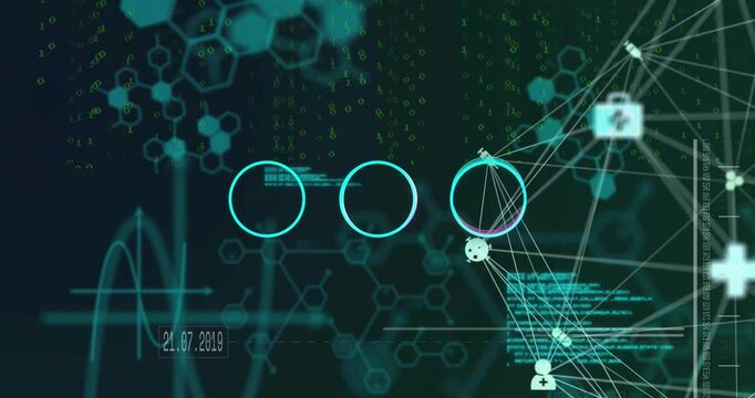 Hexagonal patterns and binary code animation, data processing over scientific background