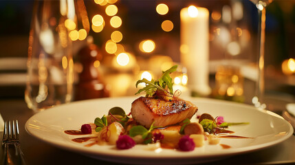 Naklejka premium Artisanal Gourmet Dish with Elegant Presentation in a Fine Dining Setting