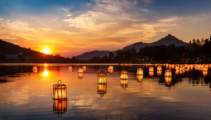 Obraz premium Reflection of sunset on water with floating fire lanterns, creating a serene and reflective mood.