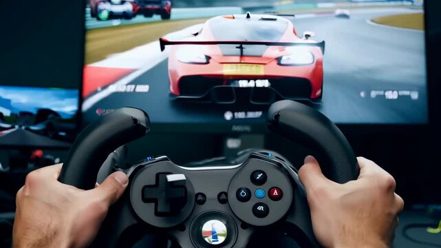 Racing competition simulator. Gamer man with joystick steering wheel controls race car, play video game on computer. Hands close-up. Funny virtual simulation. Gaming controller. Fast speed drive auto.
