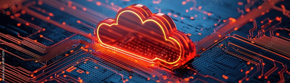 Poster futuristic cloud symbol glowing on a digital circuit board, representing technology, data, and conne