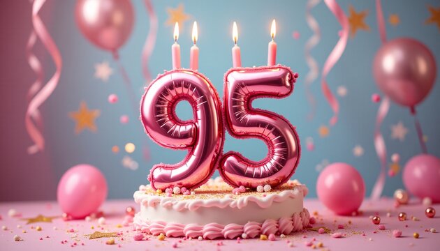Number 95th Birthday Balloon Celebration Cake, Adorned with Sparkling Confetti, Stars, Glitters, and Streamer Ribbons for a Festive Atmosphere