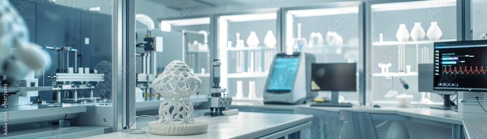 Poster modern laboratory with advanced equipment, 3d models, and digital screens creating a high-tech scien