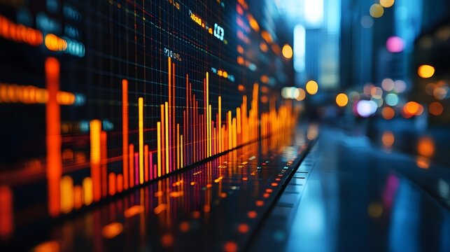 Professionals reviewing operations benchmarking metrics, with a blurred stock graph chart in the background, showcasing performance evaluation