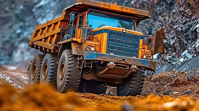 The orage excavator excavates and then unloads the truck.