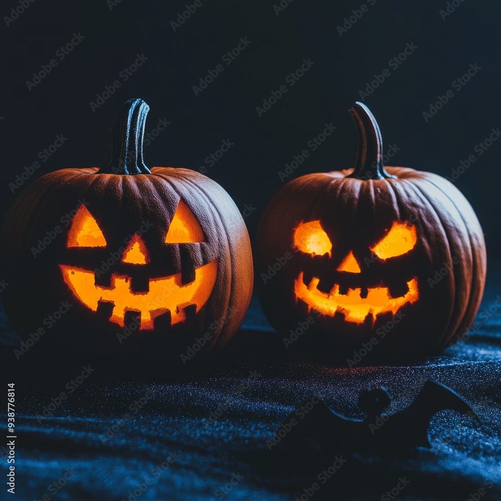 Sticker Two lit jack-o'-lanterns with carved faces on a black background, symbolizing Halloween, festivity, autumn, spooky fun, and tradition.