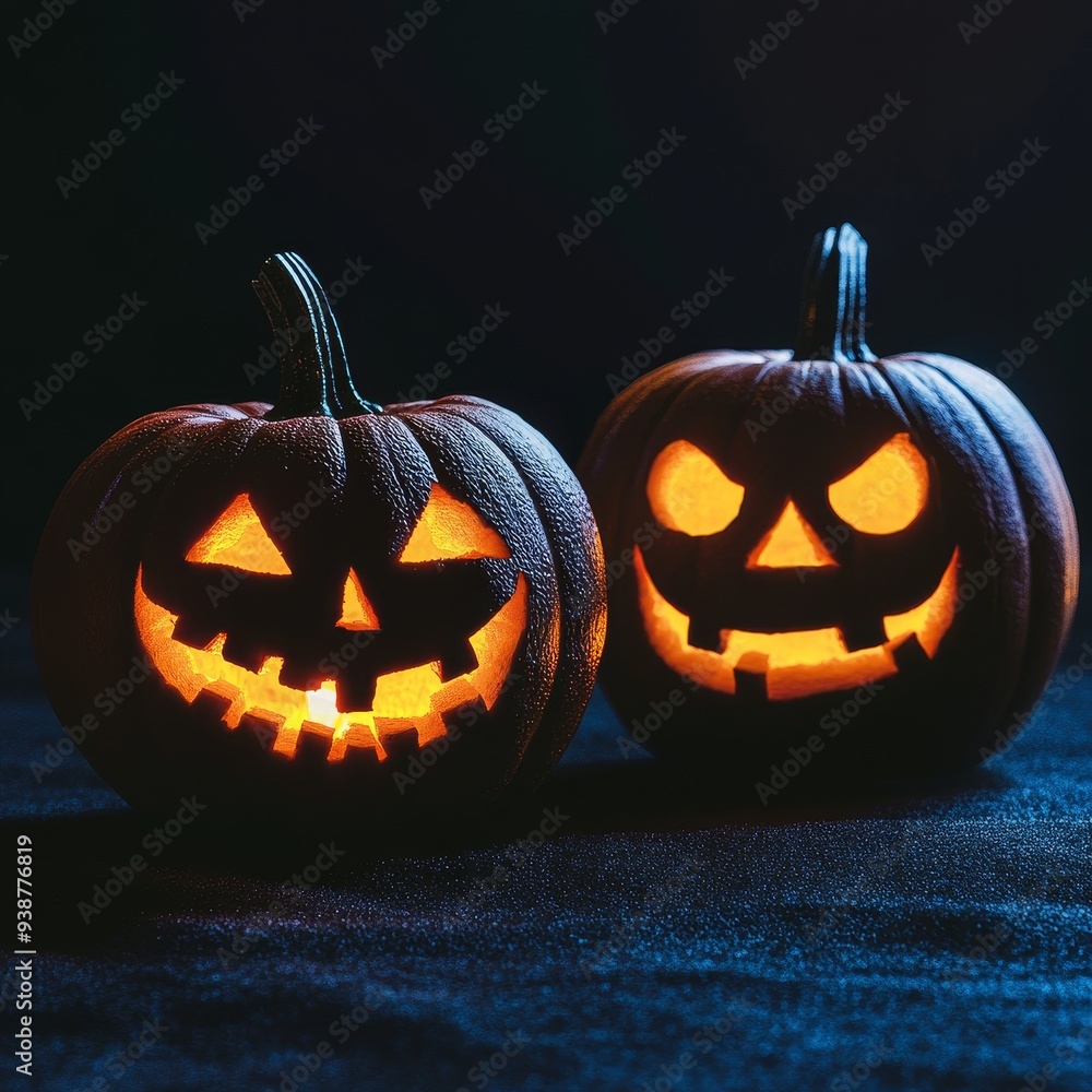 Sticker Two illuminated jack-o'-lanterns with carved faces, radiating a spooky glow against a dark backdrop. These pumpkins symbolize Halloween, festivity, tradition, autumn, and the supernatural.