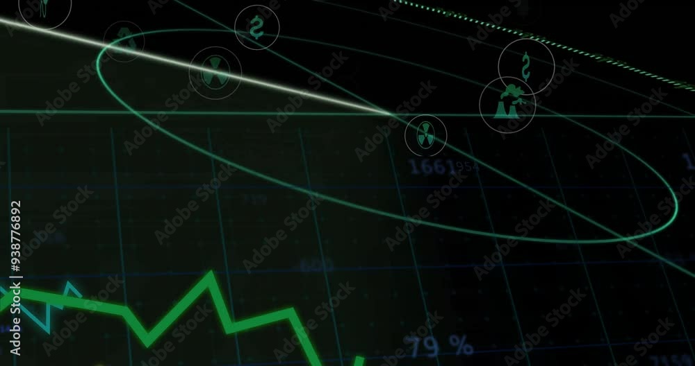 Poster green graph and data points animation over dark grid background with various icons