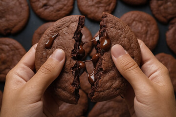 a big chocolate cookie being broken in half