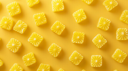 Square lemon jelly candies arranged in a symmetrical pattern on a yellow background, colorful dessert concept