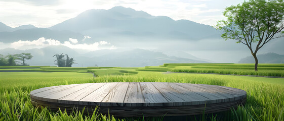 A round wooden platform set in lush green fields with a misty mountain backdrop, creating a serene and tranquil atmosphere.