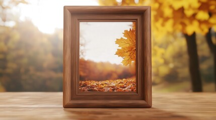 Faded autumn photograph in a rustic wooden frame, surrounded by warm light, 3D illustration