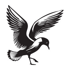 Fototapeta premium Black-headed Gull Silhouette, Chroicocephalus ridibundus Clipart, Black-headed gull stretching one wing Illustration in black and white 