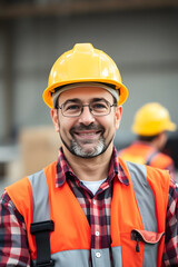 Fototapeta premium A smiling construction worker wearing a yellow hard hat and a safety jacket. He stands confidently in a construction site, showcasing a friendly demeanor.