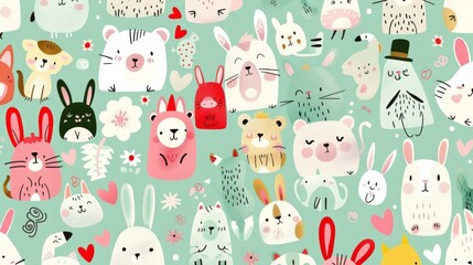 A kawaii wallpaper with a repeating pattern of tiny, chubby animals like bunnies, kittens, and bears, all with big round eyes and blushing cheeks.