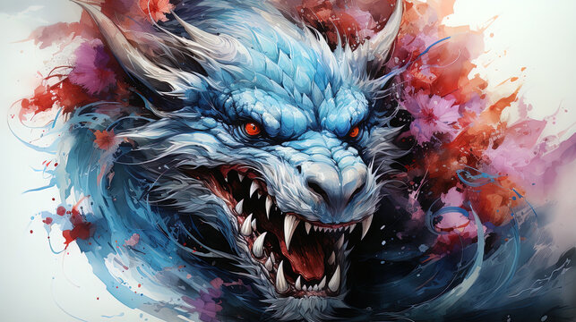 watercolor Fantastical dragon in Japanese style,, close-up, fantastic character, colorful bright background.ai generative art,
