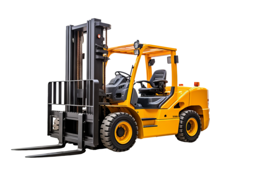 High-resolution forklift illustration isolated on transparent background for industrial and warehouse logistics design projects, ideal for digital and print use in manufacturing and heavy machinery