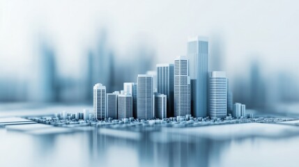 A serene digital cityscape featuring modern skyscrapers reflecting on a calm water surface, ideal for architectural themes.