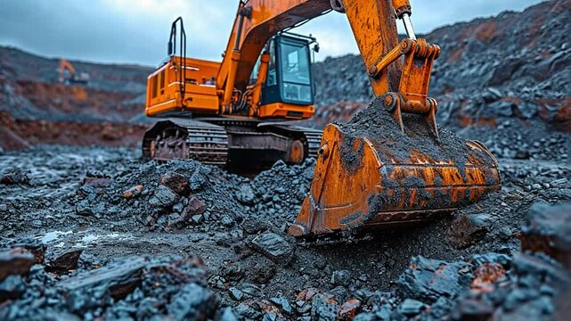 The orage excavator excavates and then unloads the truck.