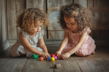 Obraz premium Two little girls with curly hair playing together on a wooden floor, surrounded by colorful toys. The scene is warm and captures the innocence and joy of childhood.