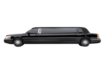 Luxurious black limousine with transparent background in high-resolution PNG format for premium design projects, professional presentations, and elegant transportation visuals.