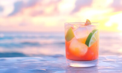 Colorful tropical cocktail with ice and fruit on the beach at sunset, Generative AI