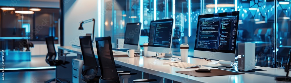 Poster modern tech workspace featuring computers with code on screens, ergonomic chairs, and a futuristic, 