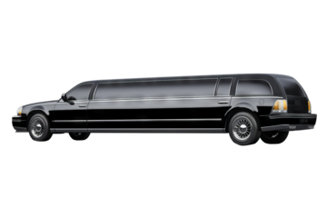 Luxurious black limousine with transparent background in high-resolution PNG format for premium design projects, professional presentations, and elegant transportation visuals.