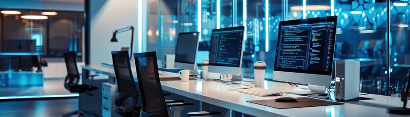 Modern tech workspace featuring computers with code on screens, ergonomic chairs, and a futuristic, well-lit environment.