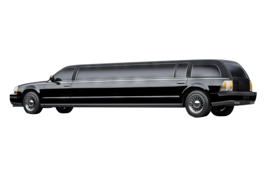 Luxurious black limousine with transparent background in high-resolution PNG format for premium design projects, professional presentations, and elegant transportation visuals.
